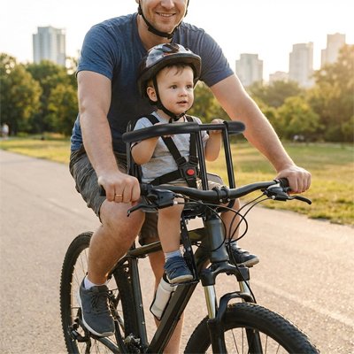 Porte bebe velo avec bébé dedans portant un casque en promenade avec papa