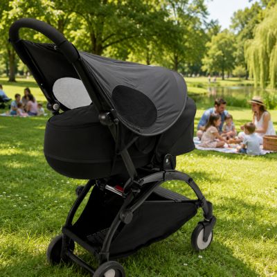 poussette avec pare soleil poussette sur gazon d'un parc à pique nique