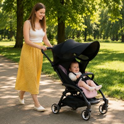 bébé dans poussette avec pare soleil poussette se promenant au parc avec maman en jupe longue jaune