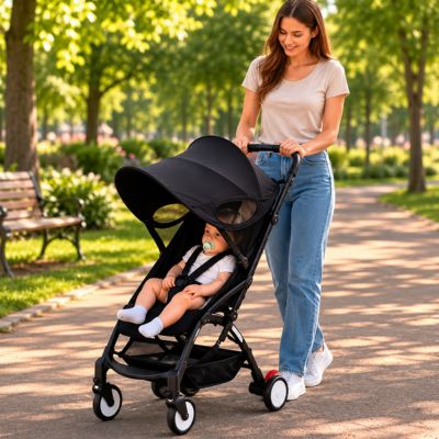 bébé sur poussette avec pare soleil poussette poussé par maman au parc