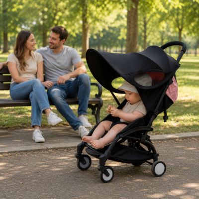 bébé avec chapeau beige assis dans poussette avec pare soleil poussette au parc avec maman et papa assis sur un banc