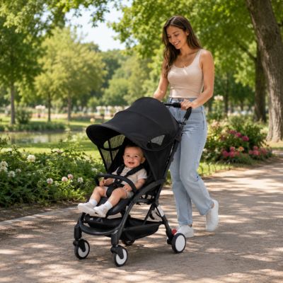 bébé souriant dans poussette avec pare soleil poussette se promenant au parc avec mamanc