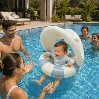 bébé garçon heureux essayant pour la première fois la piscine dans bouée bébé avec sa famille