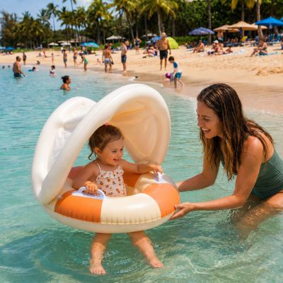 fillette heureuse dans bouée bebe à la mer avec maman