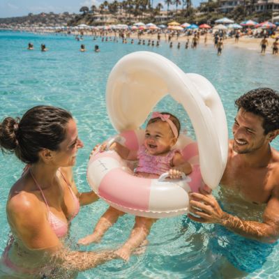 bébé fille heureuse dans bouée bebe dans la mer avec papa et maman