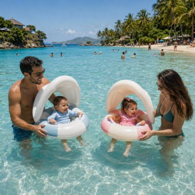 deux bébés garçon et fille dans chacun une bouée bébé en vacance à la mer avec papa et maman