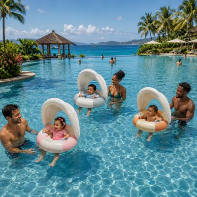 Trois bébés dans bouée bebe avec leurs parents dans une magnifique piscine avec vue sur mer