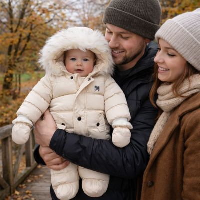 bebe habillé avec combinaison bebe hiver en promenade avec parents en automne