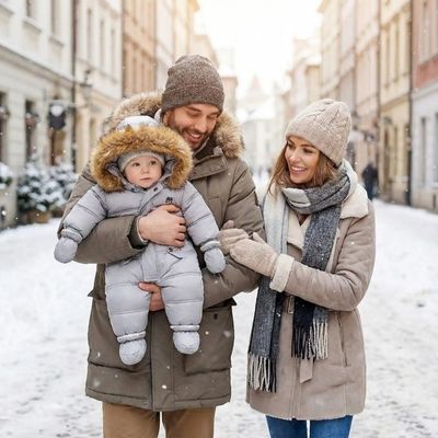 bebe habillé avec combinaison bebe hiver porte par papa en promenade en ville avec maman