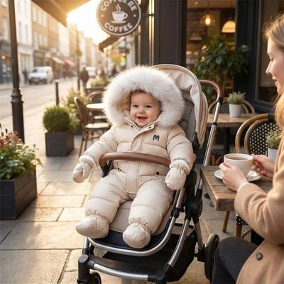bebe habillé avec combinaison bebe hiver dans poussette sur terrasse a cote de maman buvant cafe
