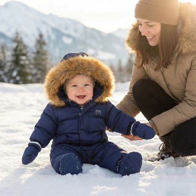 bebe habillé avec combinaison bebe hiver jouant dans neige