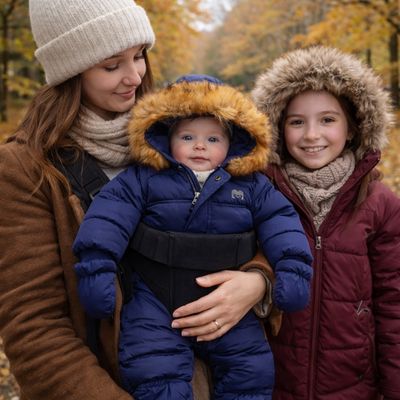 bebe habillé avec combinaison bebe hiver en promenade au parc avec maman et grande soeur