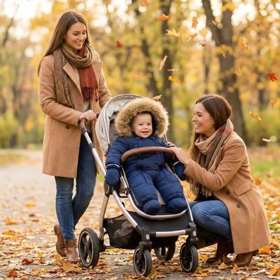 bébé portant combinaison bebe hiver arctisoft en promenade l'automne avec 2 mamans