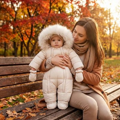 maman au parc l'automne assise sur banc tenant bébé habillé avec combinaison bebe hiver arctisoft 