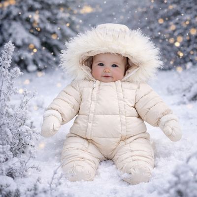 bébé assis dans neige habillé avec combinaison bebe hiver arctisoft 