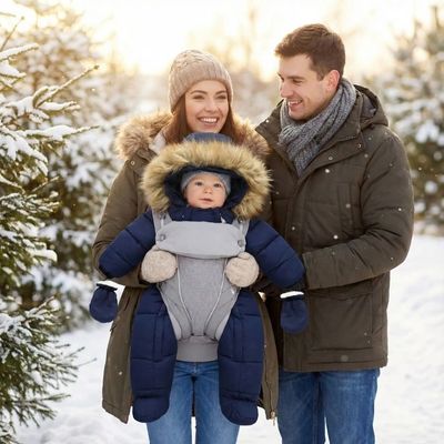 maman papa promenant bébé habillé avec combinaison bebe hiver arctisoft  dehors sous neige