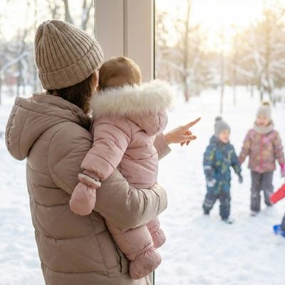 maman montrant à bébé portant combinaison bebe hiver arctisoft la neige