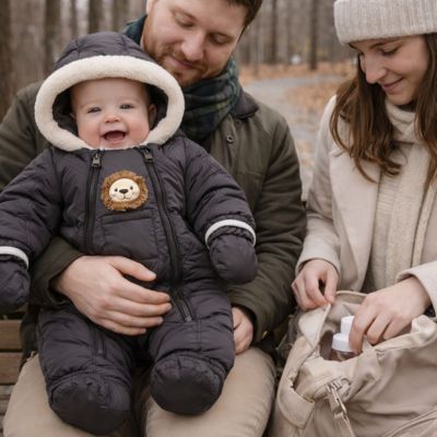 parents assis sur banc parc papa tenant bébé habillé avec combinaison bebe hiver leomouf