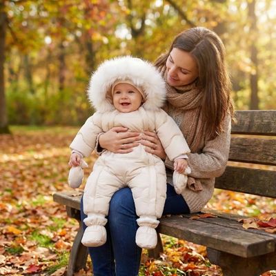 maman assise sur banc dans parc bebe assis sur ses genoux habillé avec combinaison bebe hiver automne
