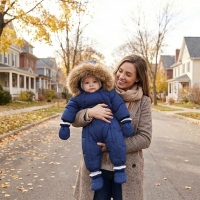 maman sur la rue dans quartier automne tportant bebe habillé avec combinaison bebe hiver
