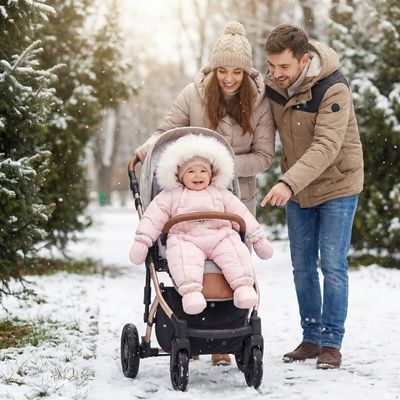 parents en promenade dehors hiver avec bebe dans poussette habillé avec combinaison bebe hiver