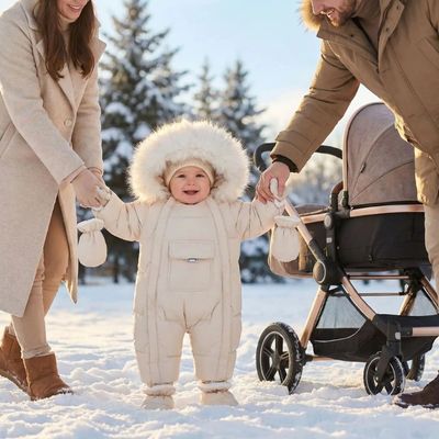 bebe portant combinaison bebe hiver debout sur neige tenu par ses parents
