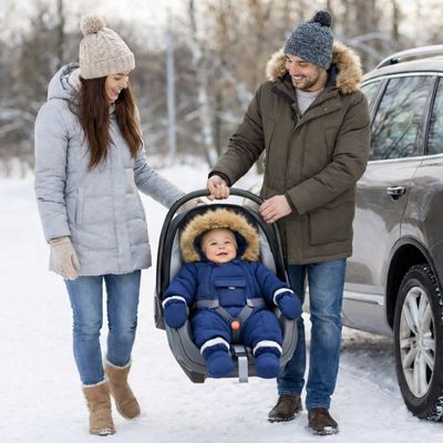 bebe habillé avec combinaison bebe hiver assis dans siege auto porté par papa avec neige dehors