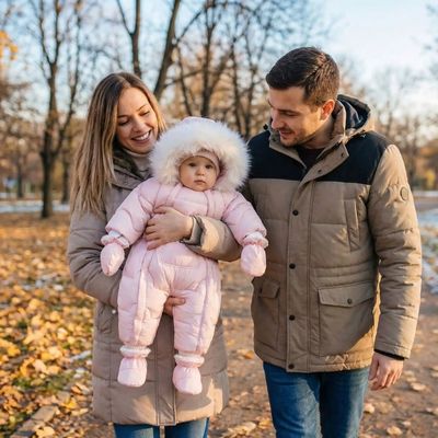 bebe habillé avec combinaison bebe hiver porté par maman en promenade automne avec papa
