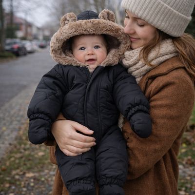 maman en promenade dehors avec bébé habillé avec combinaison bebe hiver nordisnug