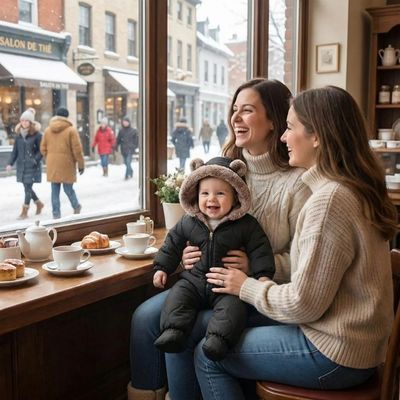 bébé habillé avec combinaison bebe hiver nordisnug assis sur genoux maman 