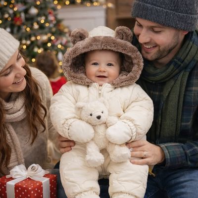 bébé habillé avec combinaison bebe hiver nordisnug devant sapin avec parents