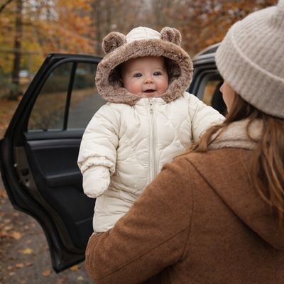bebe habillé avec combinaison bebe hiver nordisnug dans bras maman se dirigeant vers voiture