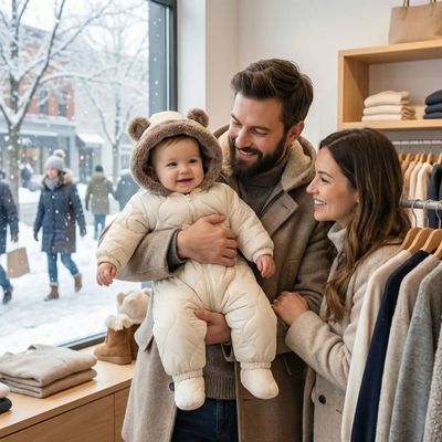 Parents au shopping avec bébé habillé avec combinaison bebe hiver nordisnug