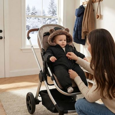 bébé dans poussette devant porte habillé avec combinaison bebe hiver nordisnug, maman entrain de fermer fermeture
