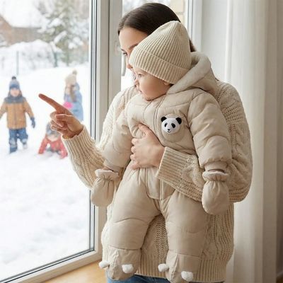 maman portant bébé habillé avec combinaison hiver bébé proche de fenêtre
