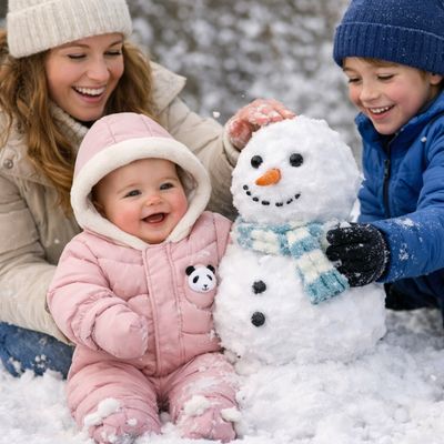 famille jouant dans neige avec bébé habillé avec combinaison hiver bébé