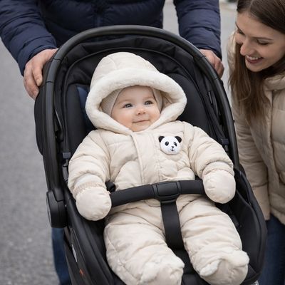 parents dehors avec bébé dans siège auto habillé avec combinaison hiver bébé