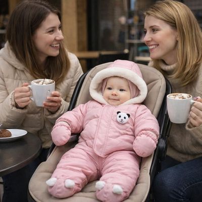 bébé habillé avec combinaison hiver bébé dans poussette avec maman