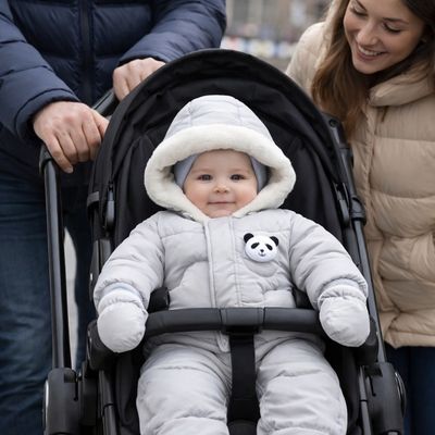 parents se promenant avec bébé dans poussette habillé avec combinaison hiver bébé