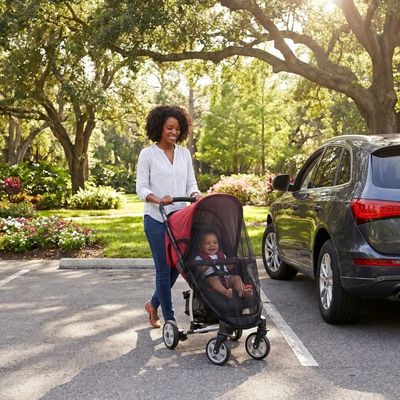 bébé souriant sous moustiquaire poussette se fait promener par maman