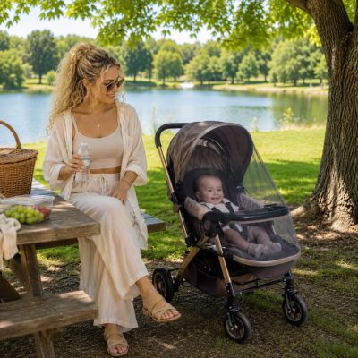 maman en pique nique sur table dans un parc au bord d'un lac avec bébé dans poussette protéger par moustiquaire poussette