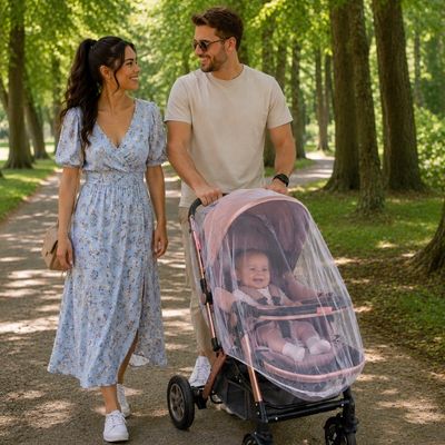 bébé sous moustiquaire poussette en promenade au parc avec parents