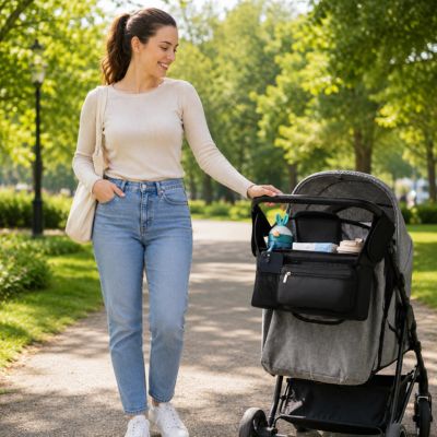 organisateur de poussette accroché à la poussette que pousse maman en promenade au parc avec bébé
