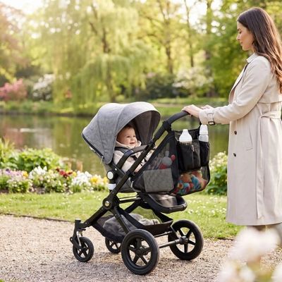 organisateur de poussette résistant accroché à poussette poussé par maman élégante au parc
