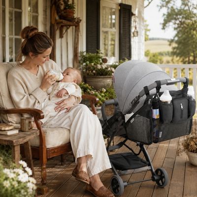 organisateur de poussette sur poussette gris sur balcon avec maman nourrissant bébé