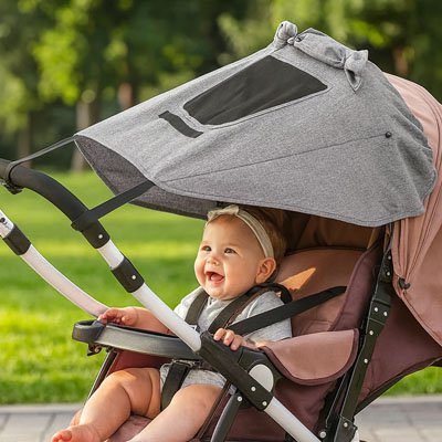 Par soleil pour poussette​ gris sur une poussette dans laquelle se trouve un bébé fille souriante dans un parc