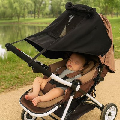 Par soleil pour poussette noir sur une poussette dans laquelle il y a un bébé qui dort sur un chemin proche d'un lac