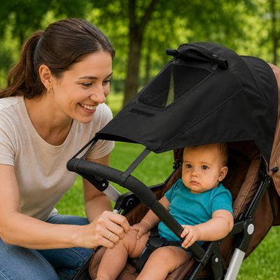 bébé dans poussette avec par soleil pour poussette au parc avec maman