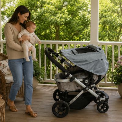 par soleil poussette sur une poussette sur une véranda avec maman qui s'approche bébé dans les bras