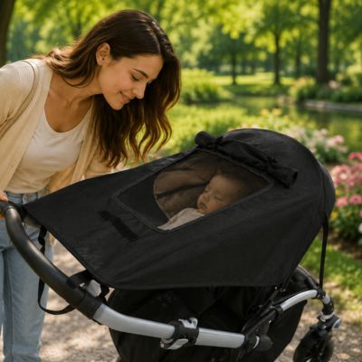 bébé qui dort dans poussette avec par soleil poussette au parc avec maman qui l'observe
